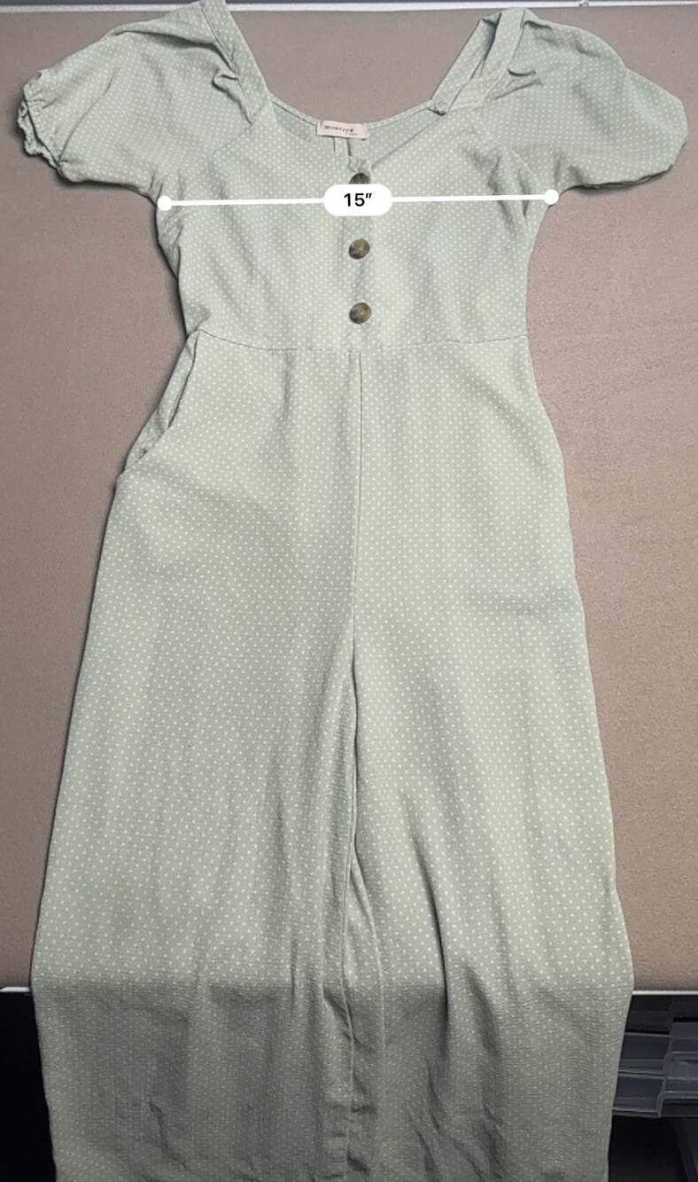 Monteau Green Polka Dot Puffed Sleeve Button Front Jumpsuit